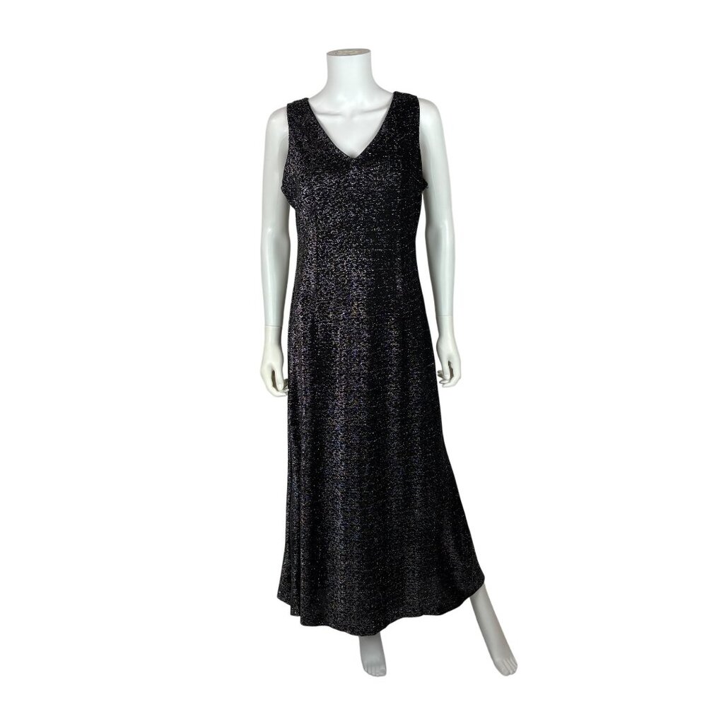 Vintage 70s Metallic Dress Womens Large Black Silver Lurex V Neck Midi Evening P - Picture 10 of 10